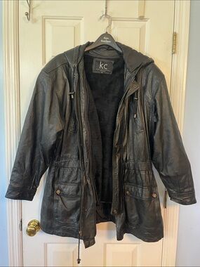 KC Collection Women's Black Leather Hooded Jacket